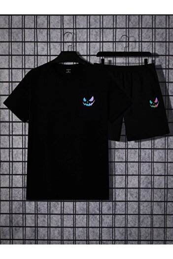 Boi Colorful Smiley Face T-Shirt Shorts - Black Shorts T-Shirt Top and Bottom Set Printed Crew Neck