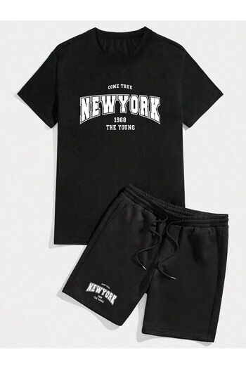 Boi New York 1969 T-Shirt Shorts Combination Set 2 Pieces - Black Printed Oversize Crew Neck