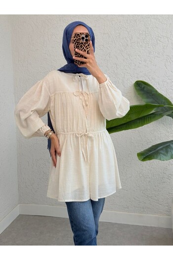 Modamorfo Shirt with Tie Front and Elastic Sleeves -Ecru