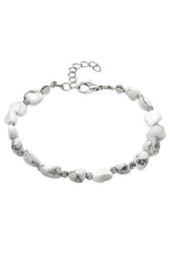Tesbihane Silver Color Metal Chain Dorika Ball Decorated Amorphous Havlit Natural Stone Men's Bracelet