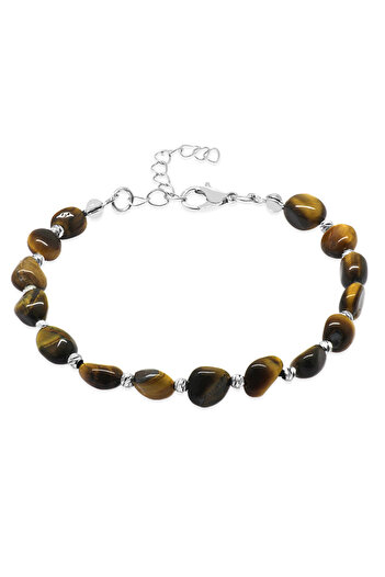 Tesbihane Silver Color Metal Chain Dorika Ball Decorated Amorphous Tiger Eye Natural Stone Men's Bracelet