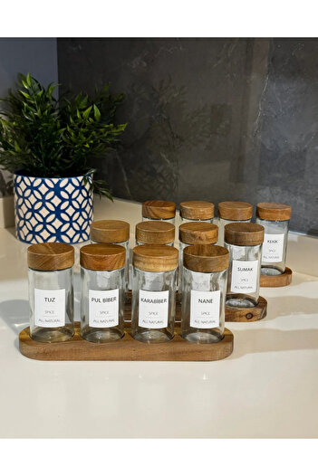 Snow Homs 4-piece glass acacia spice rack set with wooden lid and stand - kitchen organizer