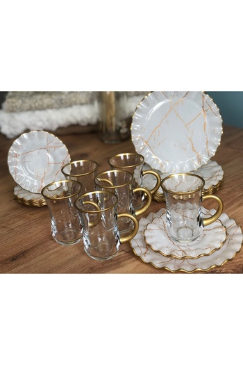 B&M White Marble Patterned Curved 18 Piece Tea Enjoyment Set (Glass with Handle)