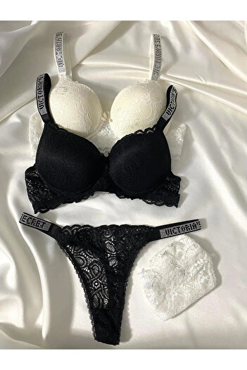 Beyaz Gelincik Underwear Γυναικείο σετ εσώρουχα με δαντέλα με πέτρα με επένδυση Push Up Σετ εσώρουχα Διπλό πακέτο Πλεονέκτημα