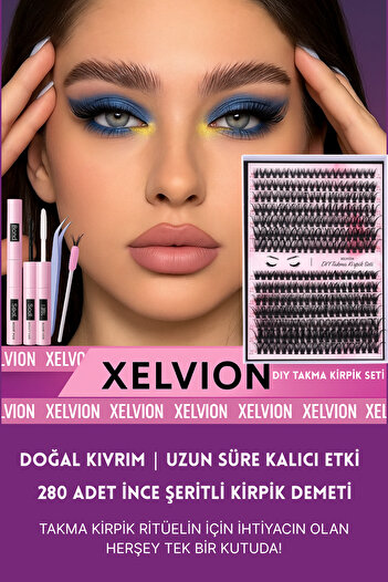 XELVION BEAUTY Takma Kirpik Seti Yapıştırıcı, Sabitleyici, Cımbız Ve Kirpik Fırçasıyla 240 Adet Kirpik Tutamı