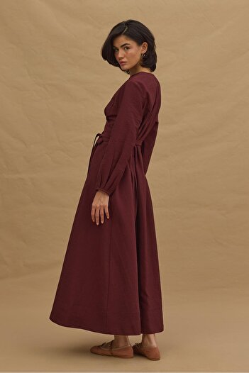 Fahhar Wide Belted Dress Burgundy