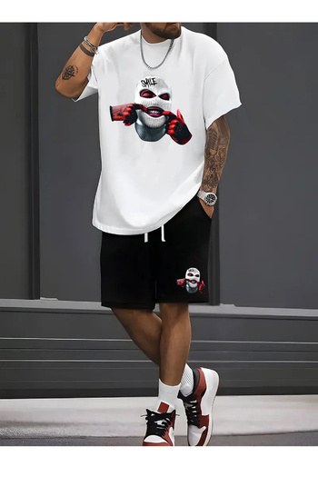 makiteks Cotton Set of 2 Solid Color Men Women Unisex Regular Shorts and Tshirt T-Shirt Smileteeth