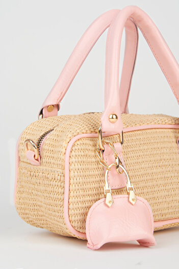 Vivaq Women's Cedar Wicker Pink Zipper Closure Handbag and Shoulder Bag with Charm Accessories
