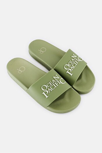 Ocean Pacific Men Brand Logo Slip On Slides, Olive