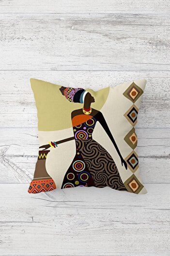 MENTEŞ HOME Bohemian African Woman Ethnic Hidden Zippered Throw Pillow Cover Sofa Pillow Case Set (4Pcs)