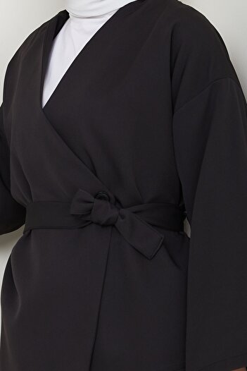 InStyle Kuşaklı Tek Düğmeli Double Kimono Siyah