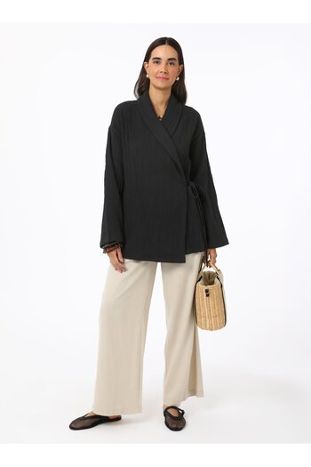 Benin Cotton Muslin Kimono with Tie Detail - Black - Benin