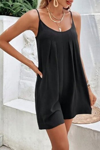 Mossta Round Neck Viscose Jumpsuit with Rope Straps - Black