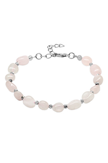 Tesbihane Silver Color Metal Chain Dorika Ball Decorated Amorphous Pink Quartz Natural Stone Men's Bracelet