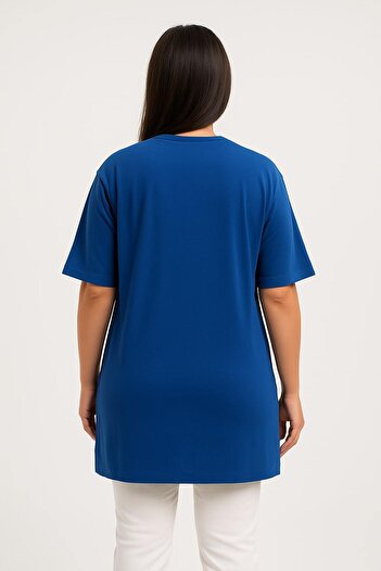 Birol Triko Women's Summer Short Sleeve Slit Saks Blue Color Tunic