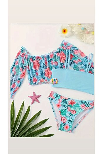 3b kids Blue Floral Bikini Swimsuit Bustier Blouse Set