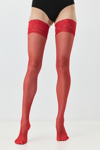 C&City Large Size Silicone 15 Denier Garter Stockings Red