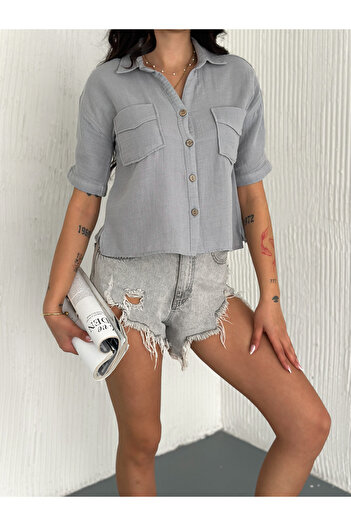OKSHEN Crop Muslin Shirt with Pockets