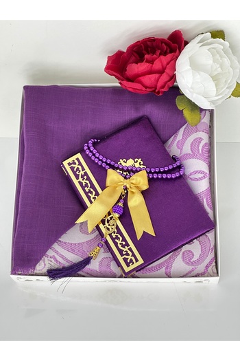 Markapolin Dowry Gift Luxury Prayer Rug Set – Yasin, Prayer Beads, Headscarf Purple