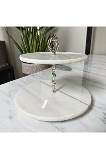 THK STORE Marble Cookie & Cake Holder, Decorative 2 Tier Presentation Holder Natural Stone
