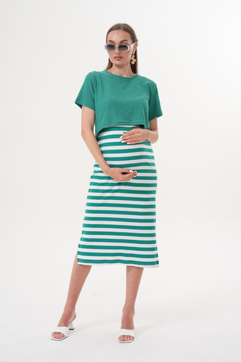 Miss Dünya Lissa Short Sleeve Striped Ribbed Camisole Maternity and Maternity T-Shirt Dress Set