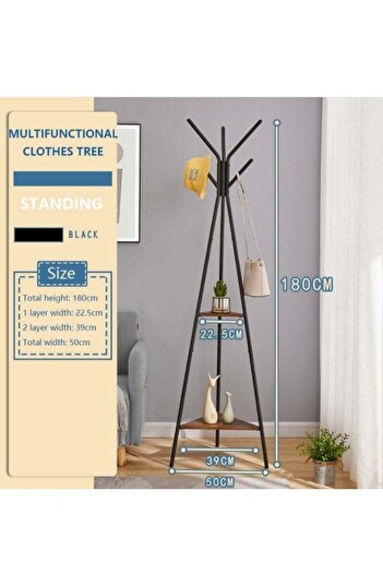 COOYA 3-Pronged Coat Rack Freestanding With 2 Shelves, For Clothes, Hat, Bag,Black 180 Cm