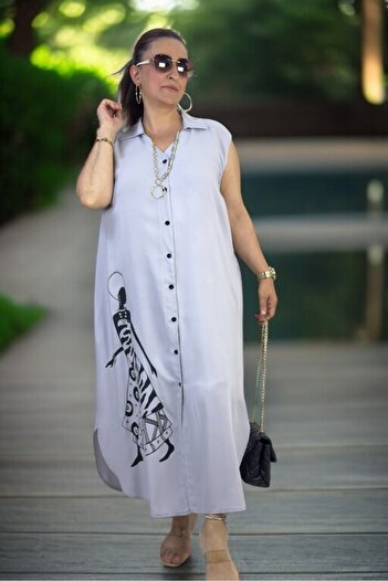 yagmurberen Front to Back Buttoned Figure Printed Jopone Sleeve (Sleeveless) Cotton Viscosin Large Size Summer Dress