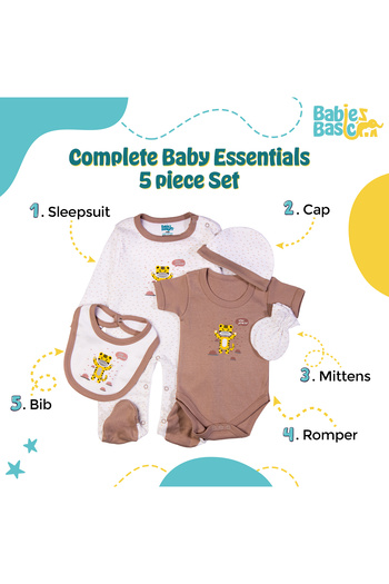 Babies Basic 5 piece New Born Set include Bib, Romper, Mittens, Cap, Sleepsuit- Stay Healthly, Grey