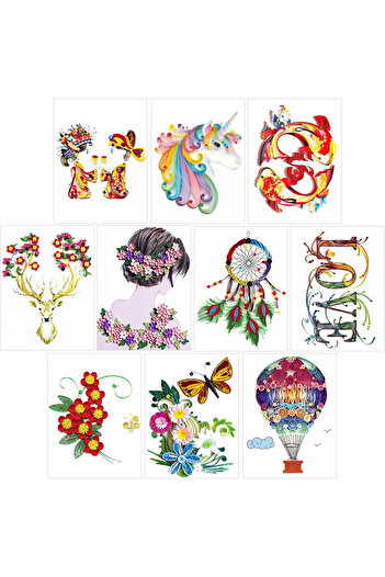 Qpout Set of 10 Qpout quilling paintings, paper, multicolor, 20 x 30 cm