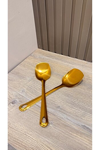 Snow Homs Practical 2 Pieces Stainless Gold Steel Luxury Serving Salad Spoon Spatula Steel Food Serving Spoon 21cm