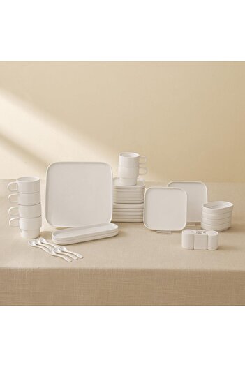 Karaca Set de veselă Stream Pure Stream Bone China Cubique, 35 de piese, pentru 6 persoane, alb