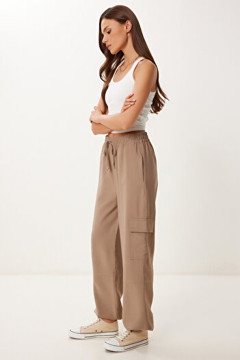 Happiness İstanbul Women's Mink Pocket Linen Cargo Pants Mx00212