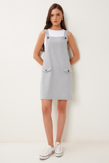 Happiness İstanbul Women's Gray Mini Woven Salopet Dress Mx00208