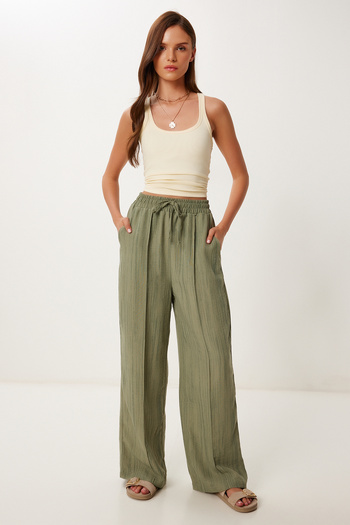 Happiness İstanbul Women's Khaki Patterned Textured Linen Blend Palazzo Pants Mx00209