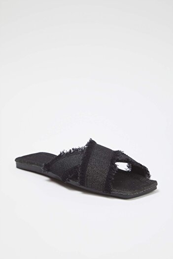 TRENDYOL SHOES Black Tassel Detailed Denim Cross Strap Women's Slippers Takss25Te00043