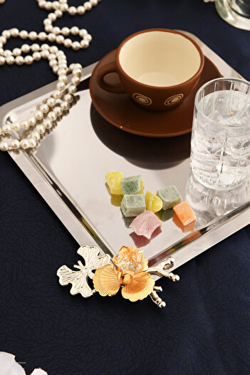 AKSESUAR EVRENİ Voltren Stainless Square Branched Stone Detailed Presentation Tray Silver 1 Piece