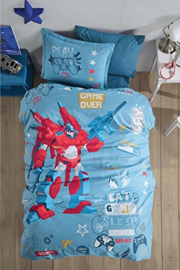 Clasy Ranforce 100% Cotton Single Duvet Cover Set Game over V1 Blue
