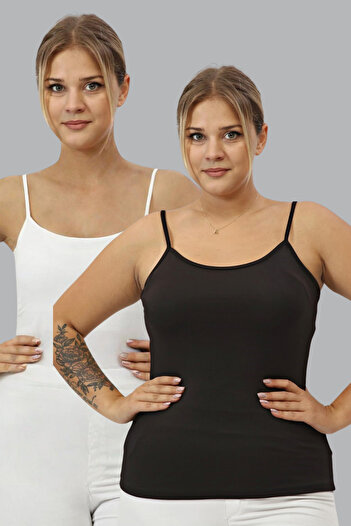 Seamoda Large Size Double Pack Tank Top with Straps Flexible and Comfortable- Off White-Black