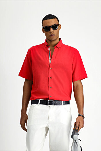 Kiğılı Short Sleeve Regular Fit Button Collar Linen Look Cotton Sports Shirt