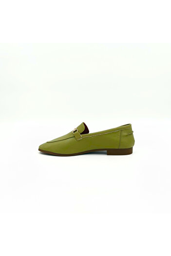 Folle Khaki Green Genuine Leather Loafer – 1 cm Heeled Gold Buckle Casual Shoes