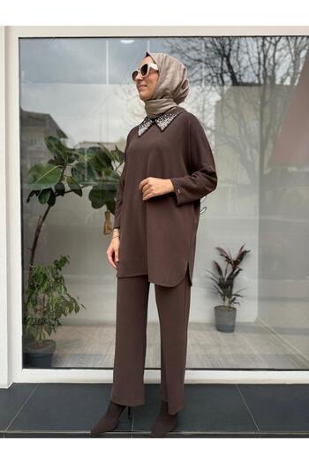 Invee Invee 7046 Modal Set with Stone Detail on the Collar - Brown