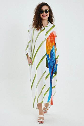 bacc Green V-Neck Striped Shirt Dress - Loose Woven BCVL-24933