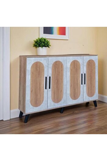 Generic Large Shoe Cabinet Malaysian Wood 5 Shelves 4 Doors - Wooden with Gray