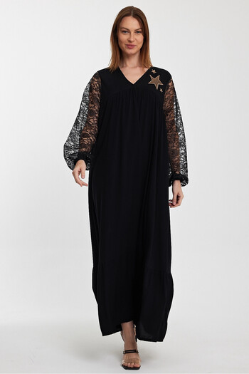 bacc Black V-Neck Embroidered and Tulle Detailed Women's Dress - Bcvl-241038