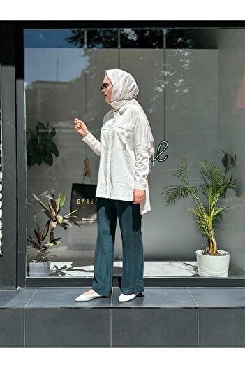 MissWhence Cep Detaylı Tasarım Kadın Gömlek Beyaz