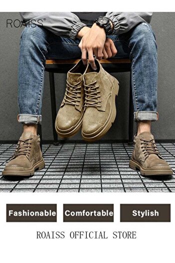ROAISS Men’s Soft Leather Ankle Casual Loafers Lace-Up Anti Slip Walking Shoes