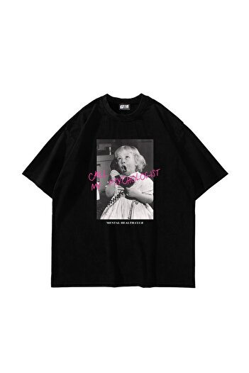 Sekizbiraltı Call My Psychologist Printed Oversize Unisex Μαύρο Tshirt