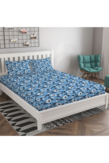 TSUMAB Elegant Blue Monochrome Bloom Bedding Set - Sophisticated Floral Bed Sheet For Modern Bedrooms