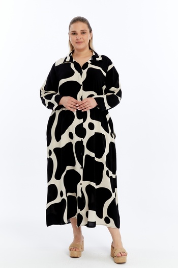 THE CABIN Large Size Black and White Patterned Shirt Dress