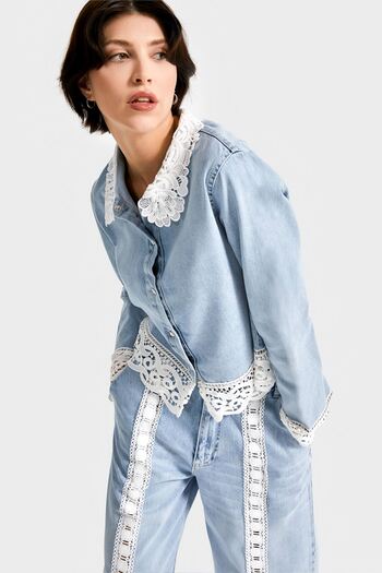 its basic Women's Jeans Color 4S5-3 Viscose Fabric Lace Detailed Special Design Denim Shirt